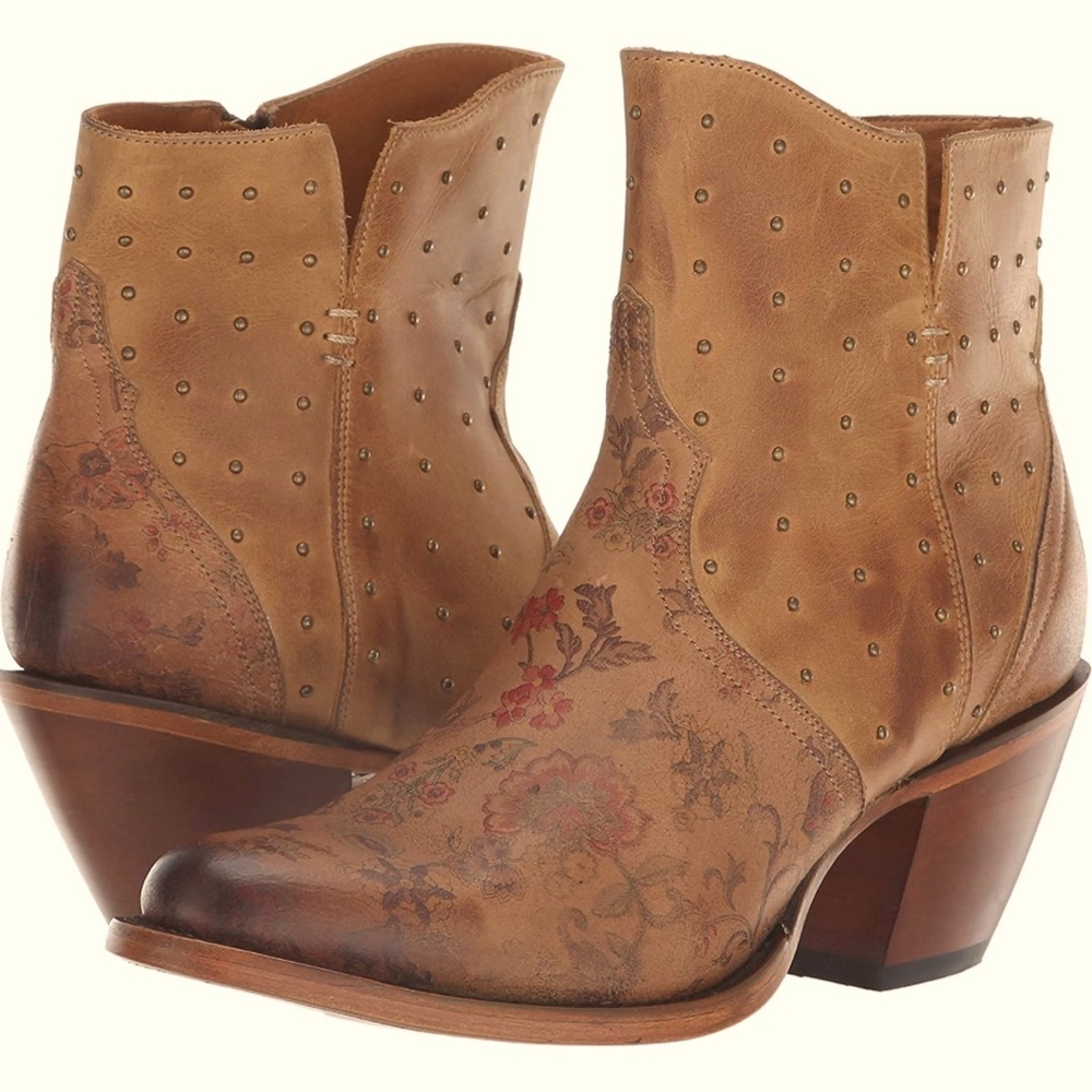 Lucchese Harley Tan & Floral Burnished Leather Studded Side-Zip Ankle Boots